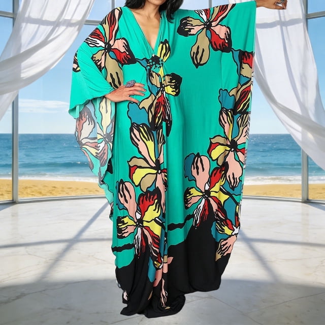 XUNKUSGA Grande Taille Sorties de Plage pour Femmes Mode Robe Caftan à Manches Chauve-Souris Ample Confortable Douce d'Été à Imprimé Floral Robe Maxi, Rouge, Taille Unique