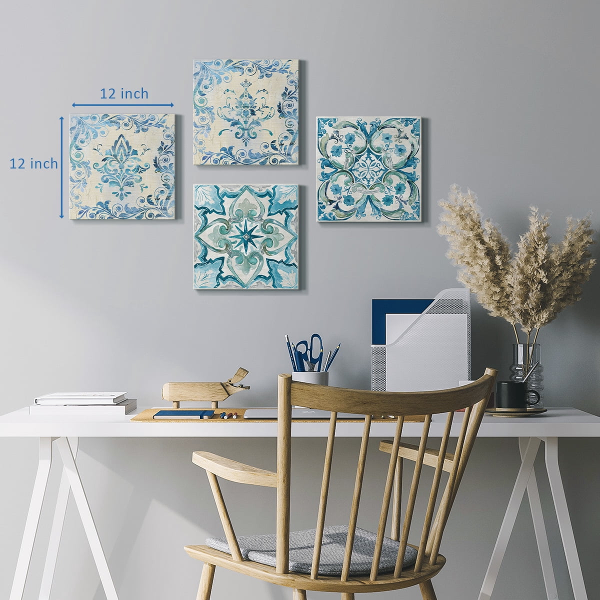 Wexford Home Blue Abstract Wall Art 24 x 24 inches Set of 4 Flower Pattern Canvas Prints Wall Decoration for Living Room Bathroom Bedroom