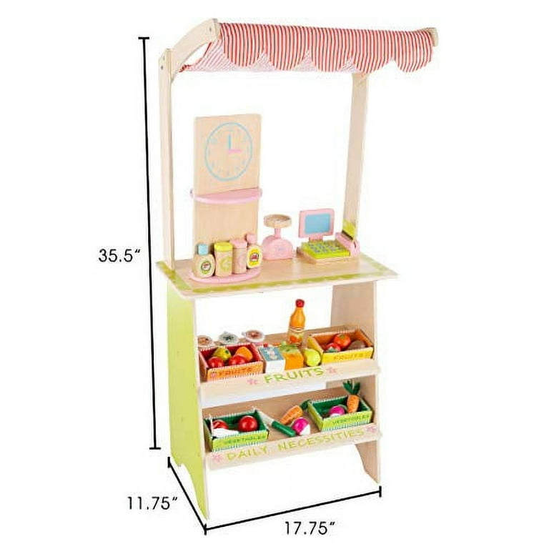 hey play kids fresh market selling stand wooden grocery store playset with toy cash register scale pretend credit card 31 food accessories