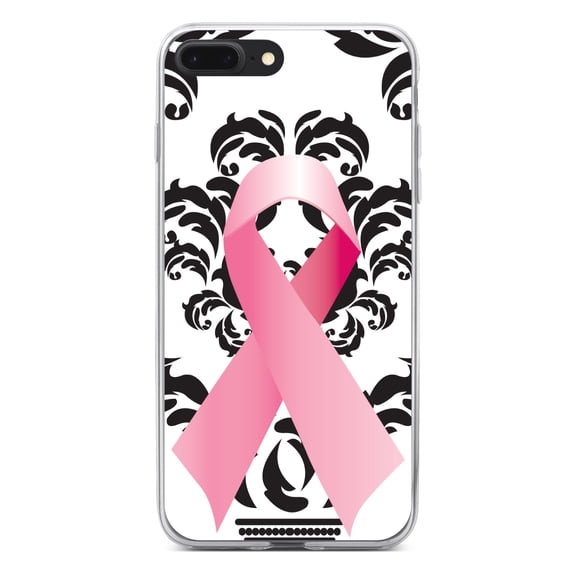 DistinctInk Clear Shockproof Hybrid Case for iPhone 7 PLUS / 8 PLUS (5.5" Screen) - TPU Bumper, Acrylic Back, Tempered Glass Screen Protector - Black Damask Pink Ribbon - Breast Cancer Awareness