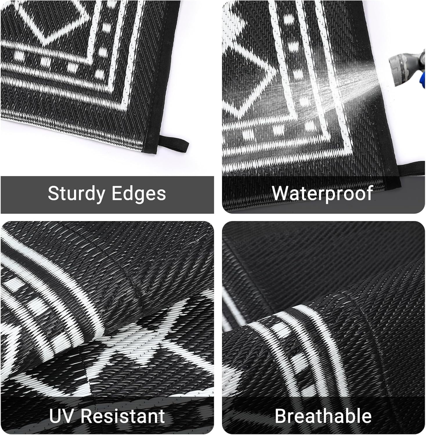 Funslane 8' x 10' Waterproof Outdoor Rug, Reversible Plastic Straw Patio Mat, Easy to Clean & Portable, for Deck, RV, Camping & Balcony, Black/White