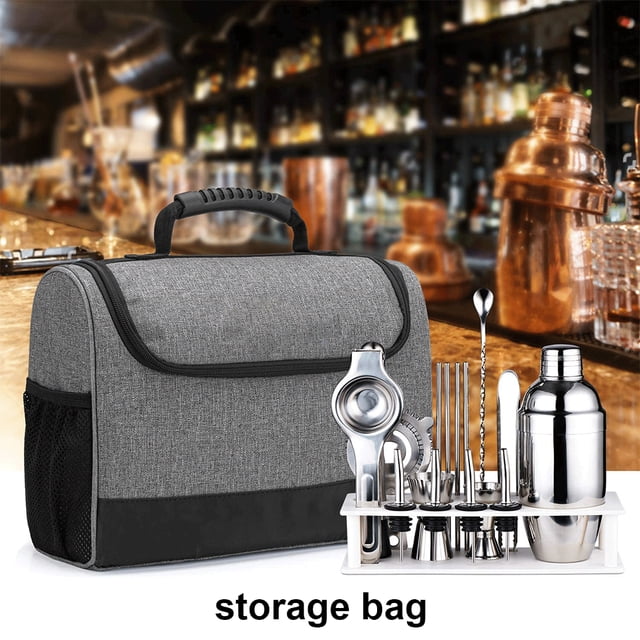 Portable Bartender Kit Bag Storage Pouch with Side Side Pockets Handheld Portable Pockets Drink Bottle Spoon Pourer Case Kitchen Organizer Travel Picnic