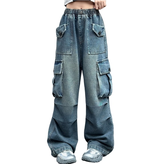 XXWXYD Girls Distressed Denim Cargo Pants Baggy High Waist Jeans Streetwear Wide Leg Elastic Waist Trousers Multi-Pocket 𝖴rban Style 5-16T