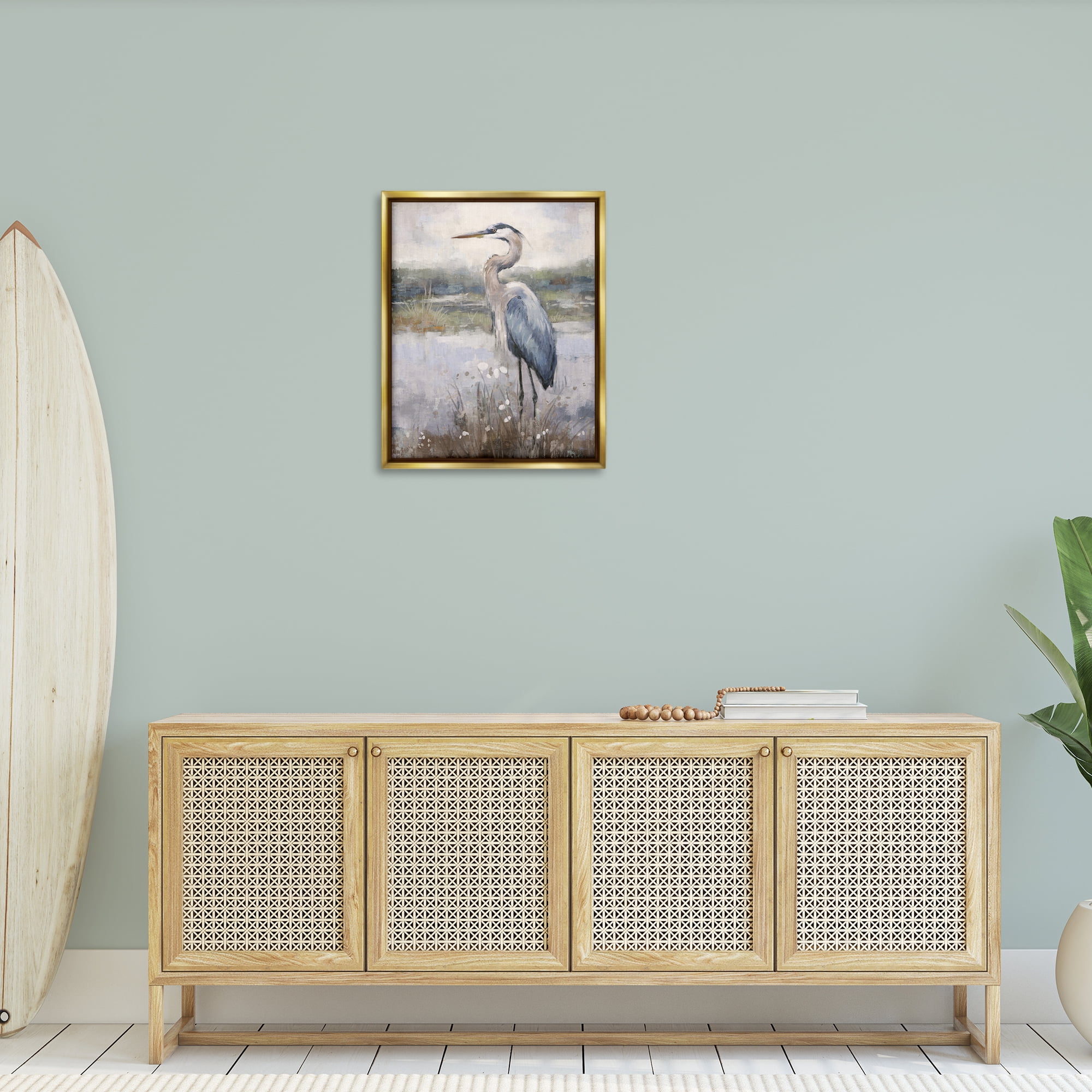 Stupell Industries Coastal Heron on Riverbank Landscape & Nature Painting Gold Floater Framed Canvas Art Print Wall Art, 25 x 31