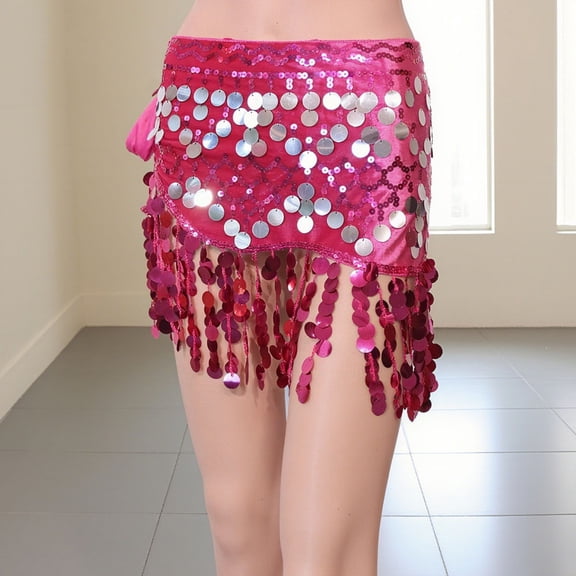 ZQUUVOU Women's Sequin Tassel Skirt Festival Performance Skirt Bodycon with Fringe Hip Cutout Beaded Dance Skirt Hot Pink