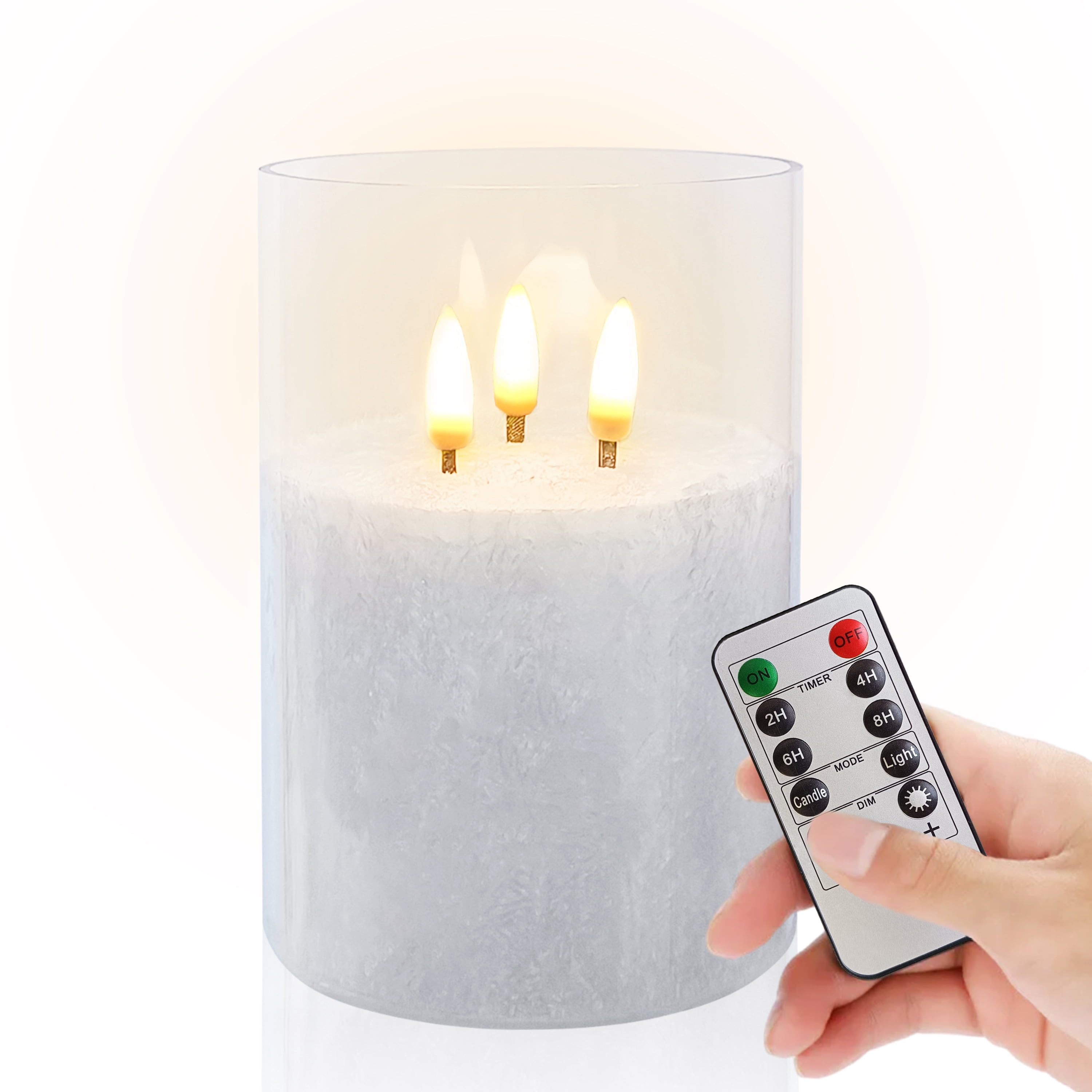 FCMSHAMD 5Inch Flameless Candle with 3 Wicks, Glass LED Pillar Candle, Real Wax Battery Operated Candle with Remote Control and Timer, White