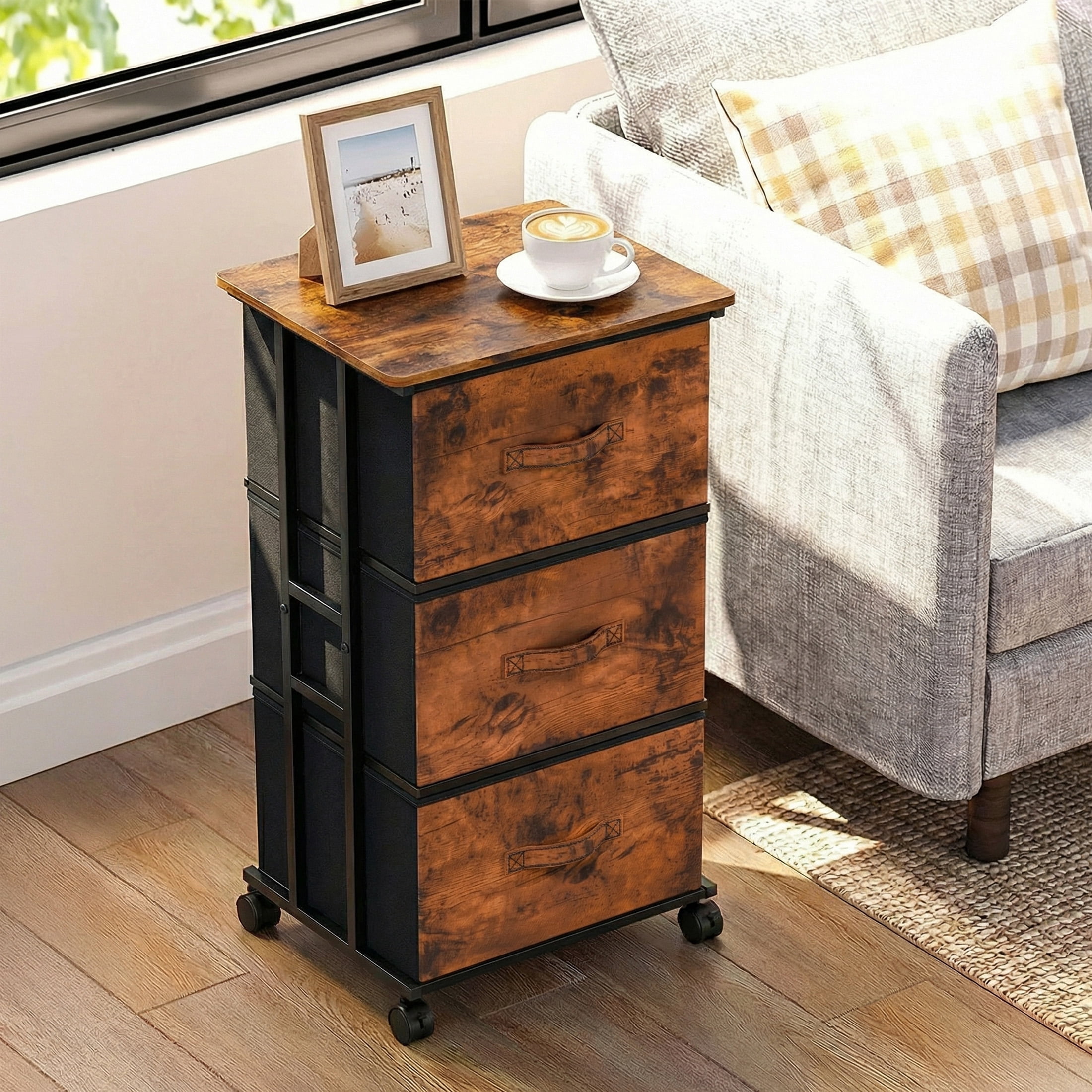 CONCETTA Dresser Storage with 3 Drawers, Storage with Wheels for Bedroom, Home Office, Rust Brown