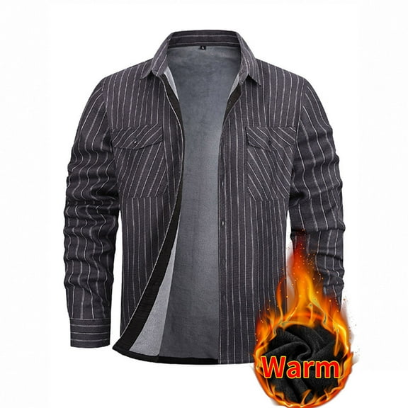 NTACZA Long Sleeve Fall Shirts for Men Gray Fleece Lined Striped Button Down Shirts Thick Thermal Men Collared Tees L