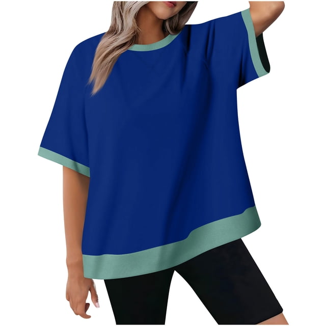 fheaev Haut d'Été pour Femmes 2025 Liquidation d'Économies d'Été! Nouveau T-shirt Ample et Décontracté pour Femmes à Col Rond Côtelé à Manches Courtes avec Empiècements
