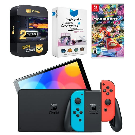 Nintendo Switch Neon Red & Blue OLED Console with Mario Kart 8 Deluxe, MightySkins Console and Controller Skin Voucher, and 2 Year CPS Extended Warranty