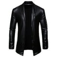 thumbnail image 2 of IROINNID Men's Long Sleeve Faux Leather Turndown Lapel Mid-Length Jacket Solid Color Comfy Leather Motorcycle Leather Coat Elastic Slim Leather Suit Coat, 2 of 5
