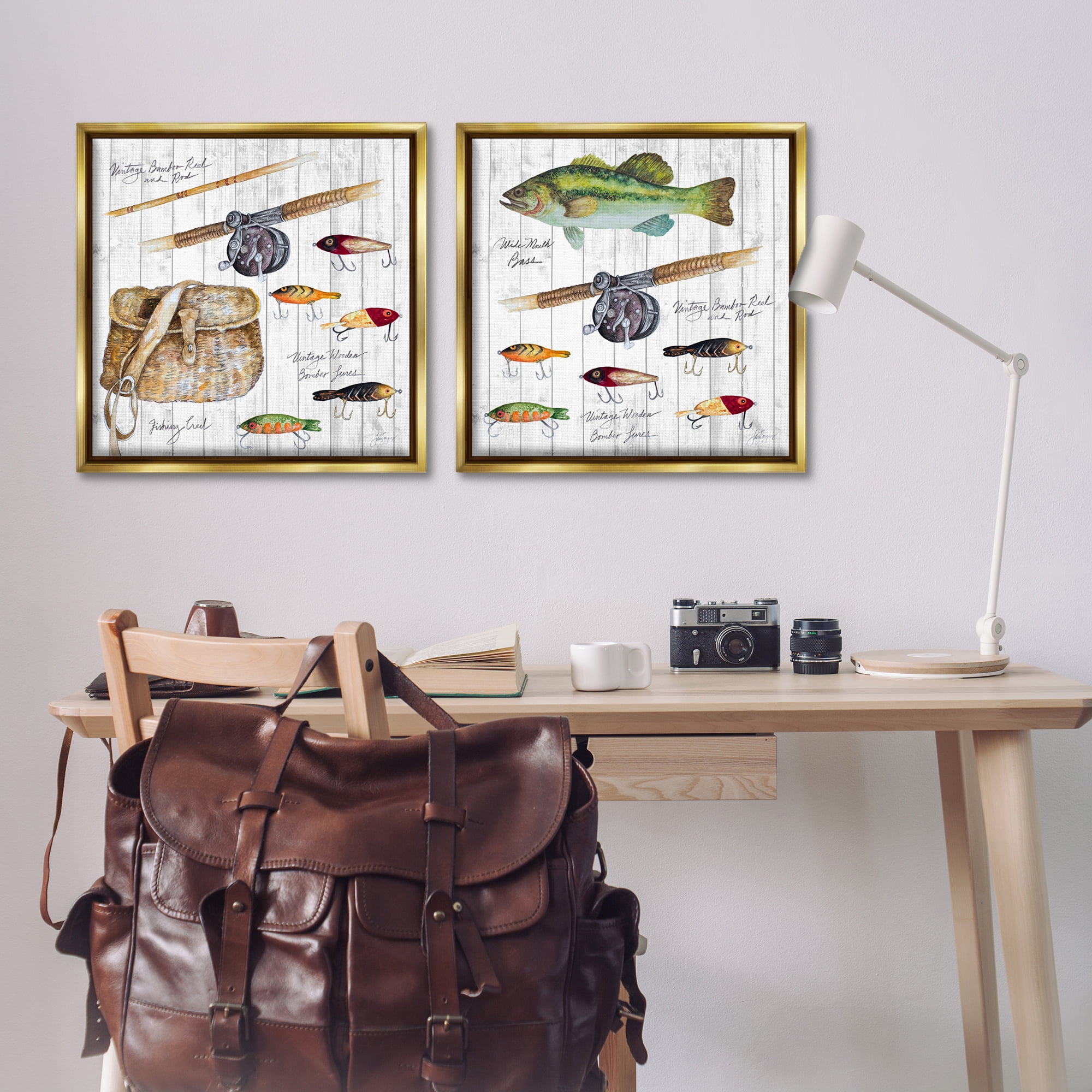 Stupell Industries Vintage Fishing Gear Sports Painting Gold Floater Framed Canvas Art Print Wall Art, 25 x 25, Set of 2