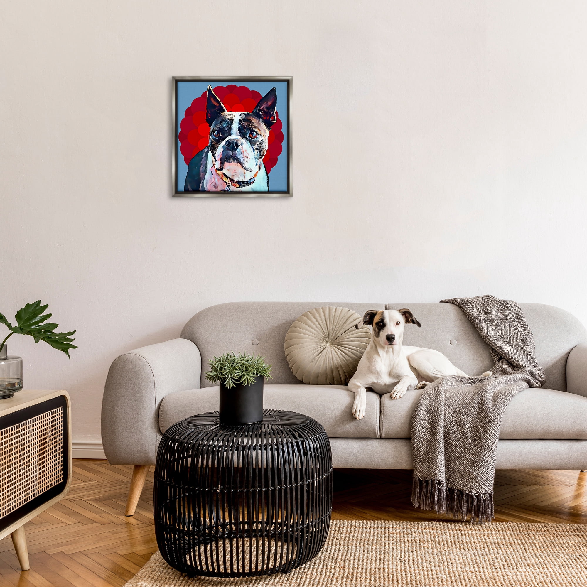Stupell Industries Boston Terrier Dog over Geometric Animals & Insects Painting Gray Floater Framed Canvas Art Print Wall Art, 25 x 25