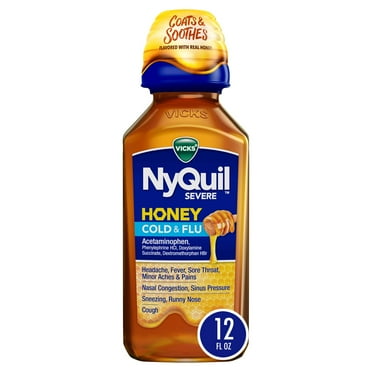Vicks NyQuil Severe Cold and Flu Liquid, Nighttime Cold and Flu Medicine for Adults, Honey, 12 Fl oz