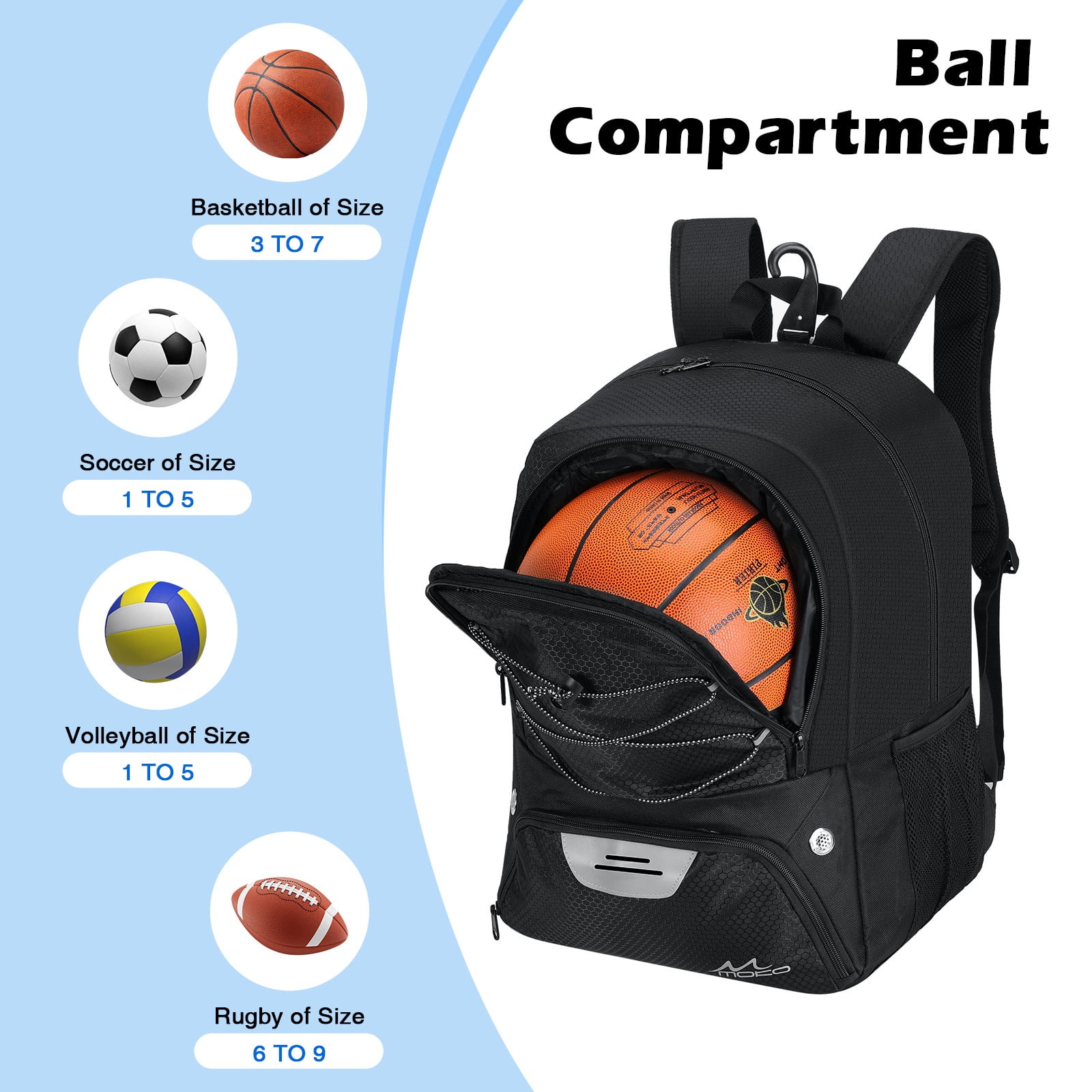MoKo Basketball Bag Backpack with Ball Shoe Compartment, Sports Equipment Bags for Youth, Black