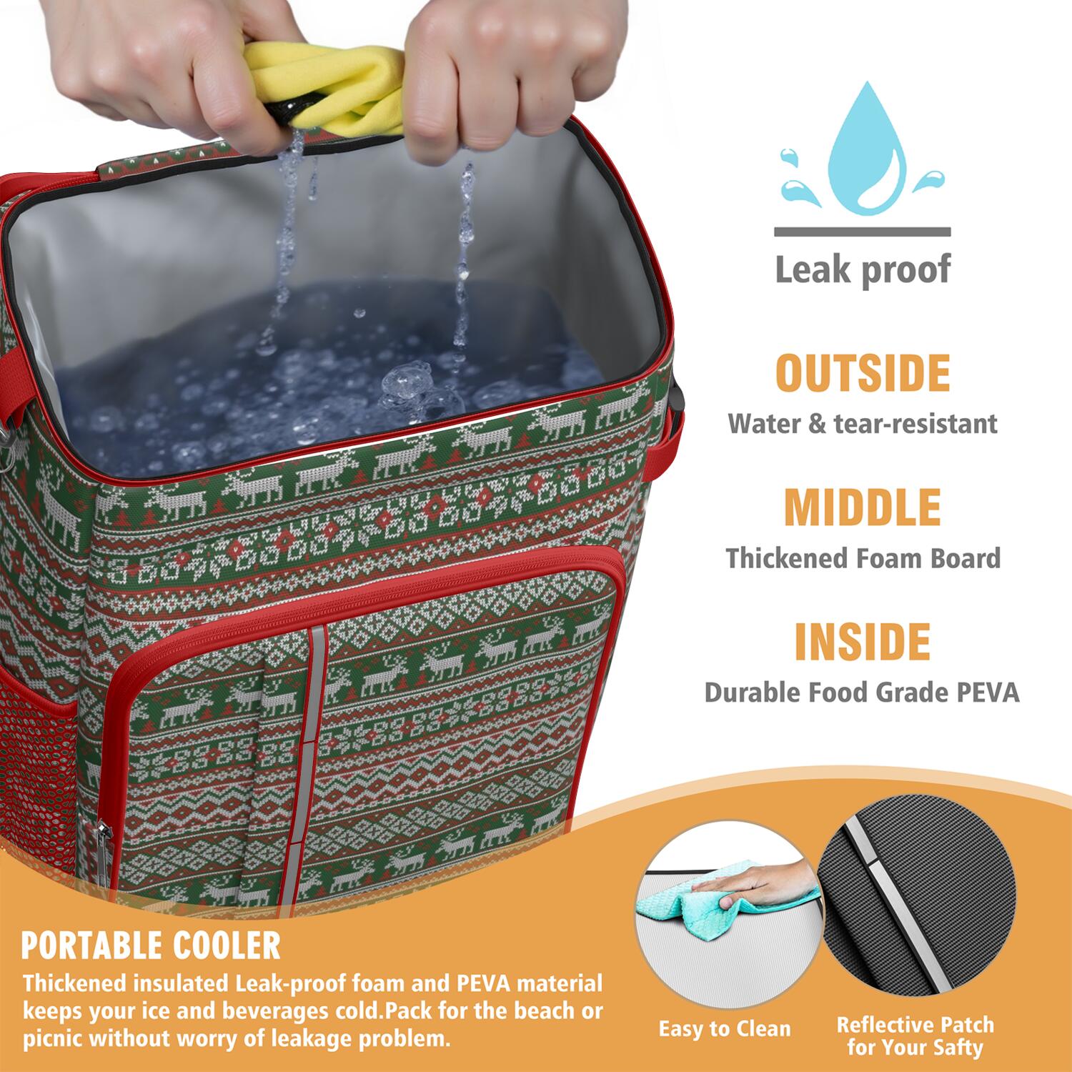 Travel Cooler Bag - Red and Green Christmas Reindeer Pattern Camping Beer Cooler Backpack with Bottle Opener- Waterproof Insulated Picnic Backpacks - Cooler Bag for Beach