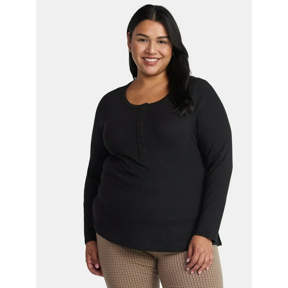 Terra & Sky Women’s Plus Thermal Henley Top with Long Sleeves, Size 0X-5X