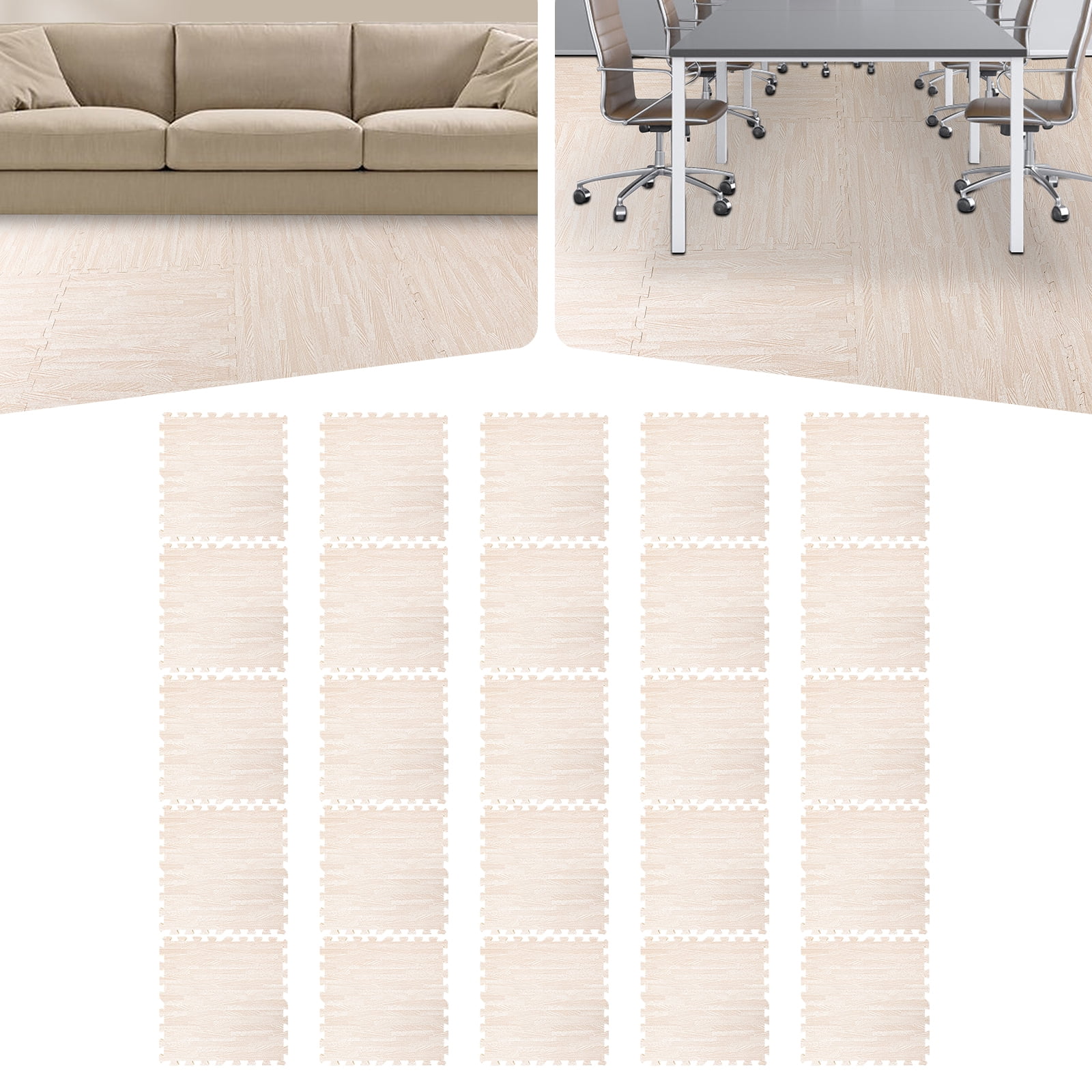 Wildnix White Wood Grain Foam Tiles, 25 Interlocking EVA/PE Hybrid Mats for Home or Office, Cushioned and Non-slip Floor Mats with Easy Installation