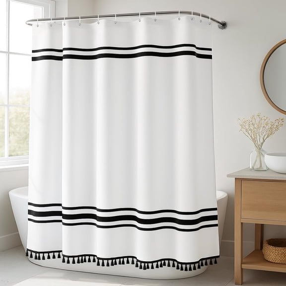 Black and White Shower Curtain Farmhouse Striped with Tassels Modern Decor Waterproof Fabric