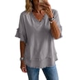 thumbnail image 6 of Nestiefly Women's Cotton Linen Tops V Neck Ruffle Short Sleeve Fringe Trim Summer Cute Blouses Casual Loose Fit Flowy Tunic Top 2026 Purple M, 6 of 6