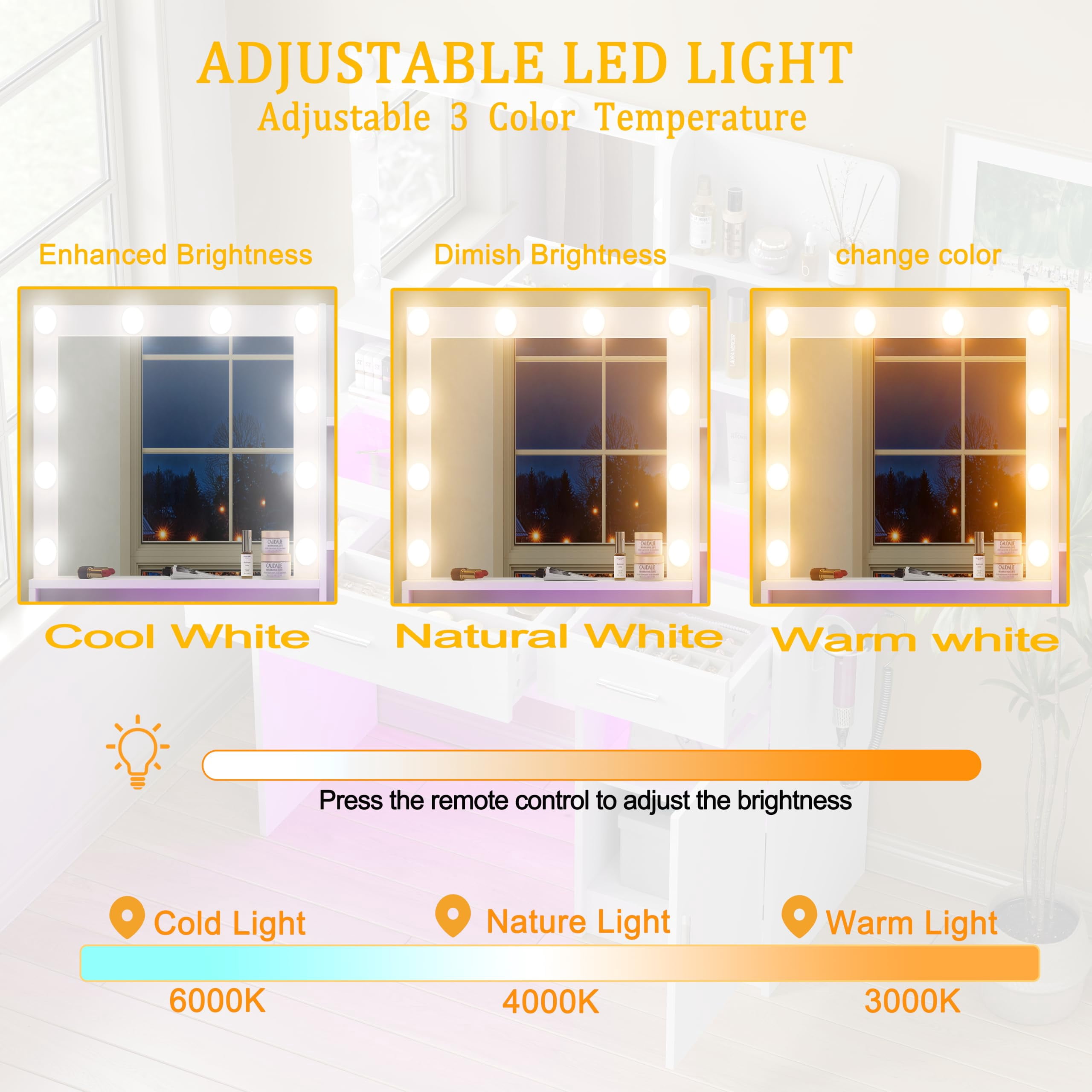 White Vanity Desk with Mirror & LED Lights, Glass Top, Power Outlet, 36 Modes Dimmable RGB Drawers, Makeup Dressing Table for Bedroom