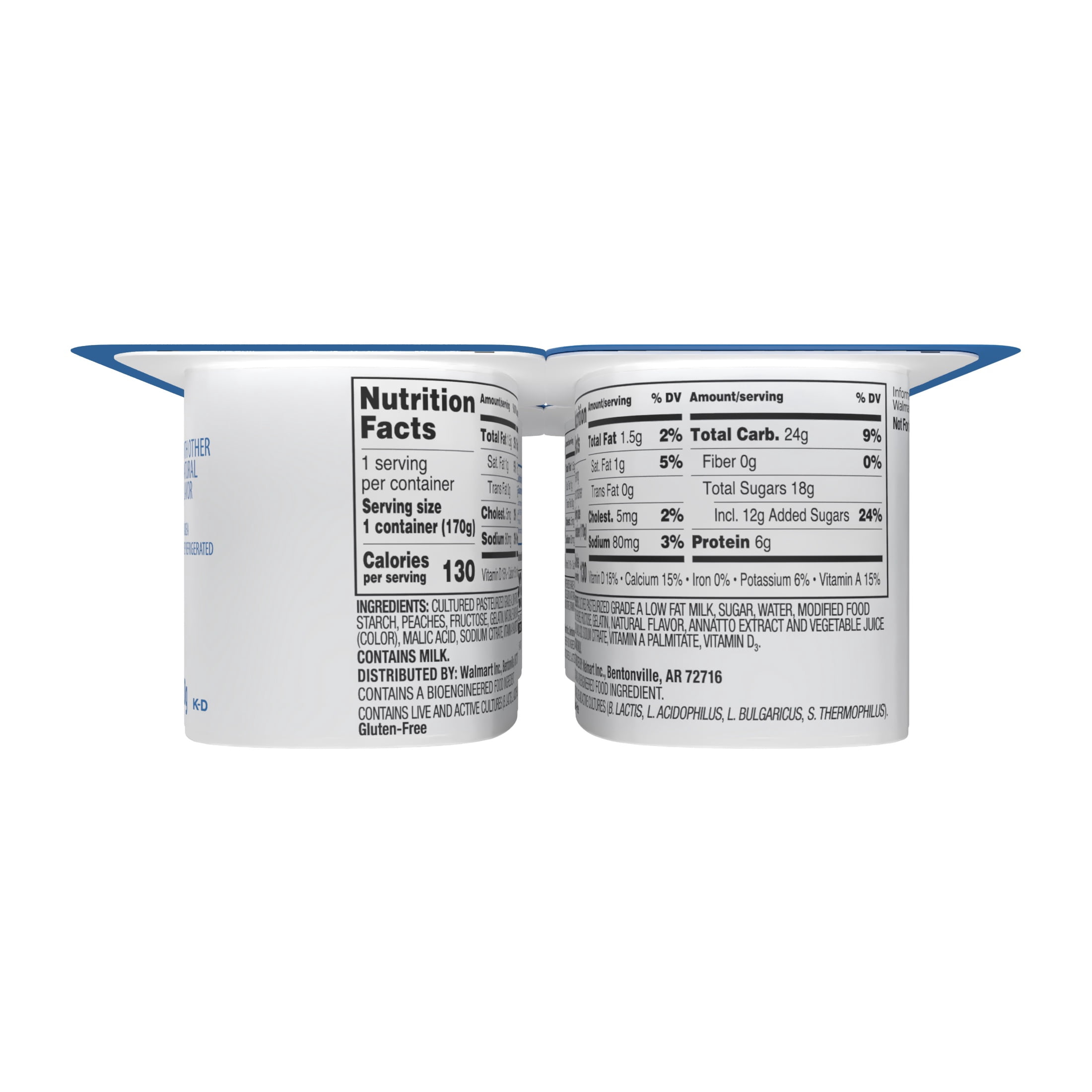 Great Value Original Peach Low-fat Yogurt, 6 oz Cups, 4 Pack