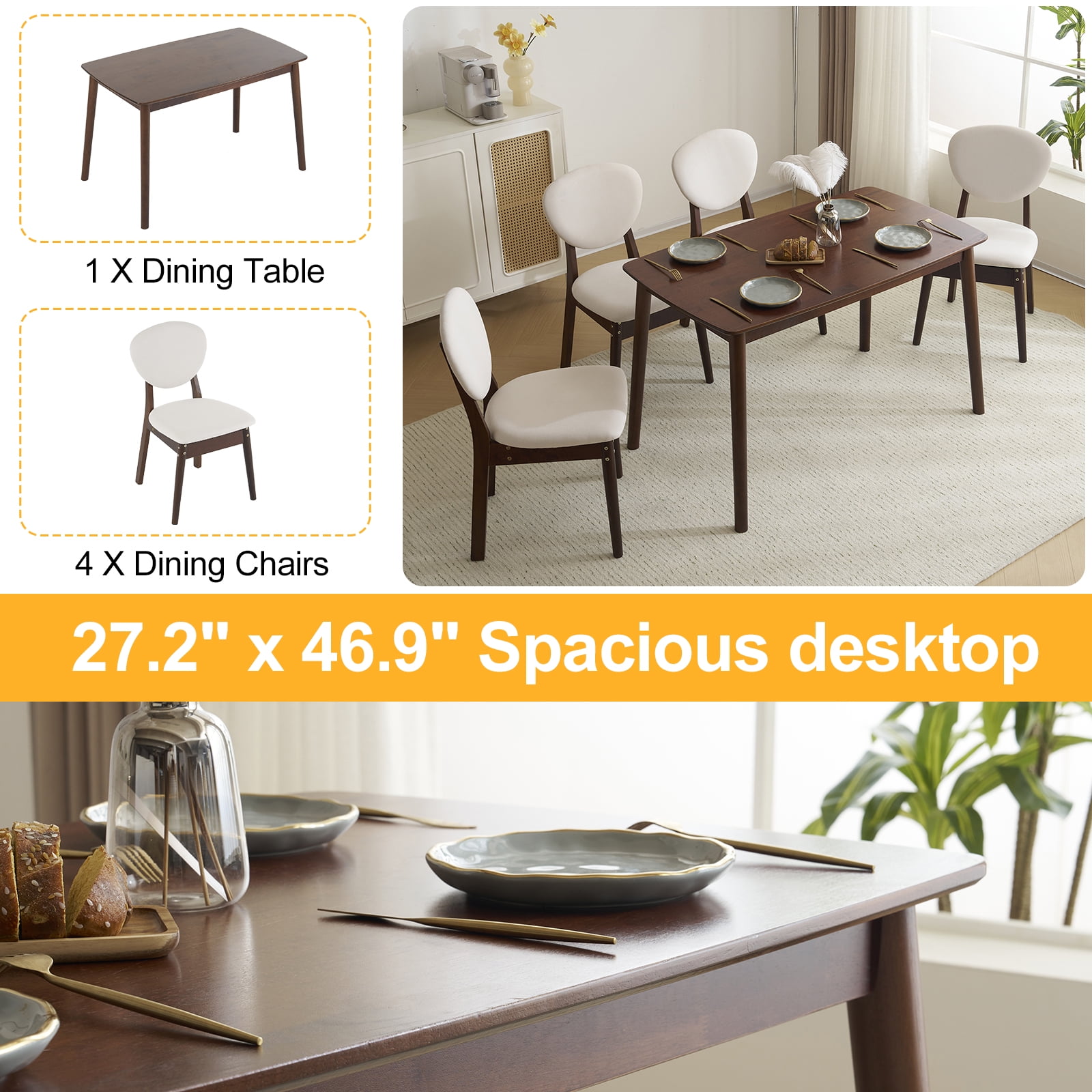 Ktaxon Dining Table Set for 4 Solid Wood Dinner Table with Padded Chairs for Home Kitchen Restaurant 47" Walnut