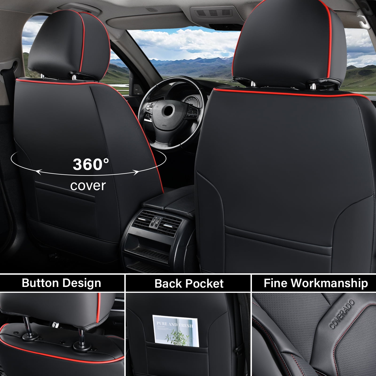 Coverado Front Seat Covers for Car, Premium Leather Seat Protectors with Lumbar Support, Waterproof Auto Cushions Universal Fit for Most Cars, Black&Red