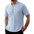 thumbnail image 2 of Men's Summer Linen Cotton Short Sleeve Crewneck Loose Fit Casual Shirt Tops T-Shirt Solid Color Breathable Blouse Beach Vacation Hiking Outfits Modern Fashion Essential Gift, 2 of 5