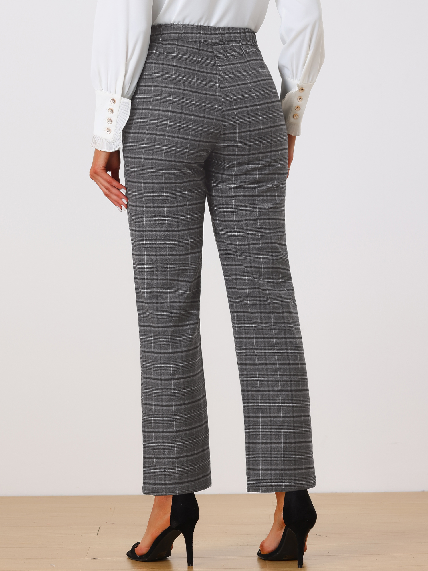 DARING DIVA Women's Plaid Trousers Pockets Straight Leg Casual Pant M Dark Grey Black