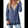 thumbnail image 2 of Blusas de Otoño para Mujer, con Escote en V, Encaje, Larga, Holgadas, con Ribete de Bloques de Color, Moda 2025 Azul M, 2 of 10