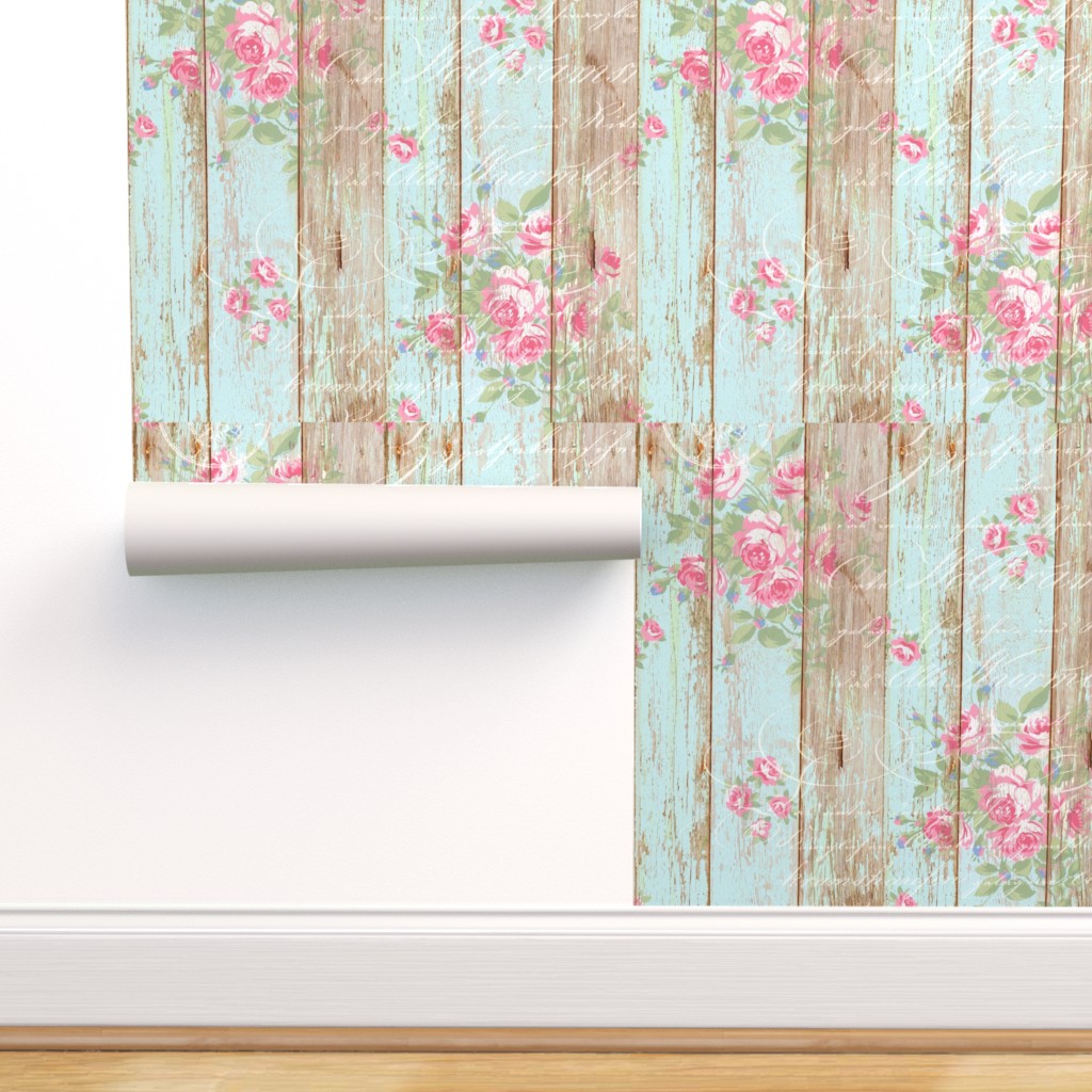 Peel & Stick Wallpaper Swatch - Shabby Chic Woodgrain Roses Cottagecore
