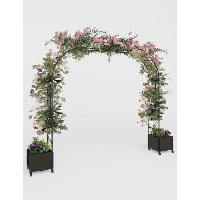 AKDSteel 94.5 Inch Wedding Arch Trellis With Planter Boxes, Pe Coated Metal Garden Arbor For Climbing Plants, Rust-Free Outdoor Archway For Backyard, Party, Or Wedding Decor