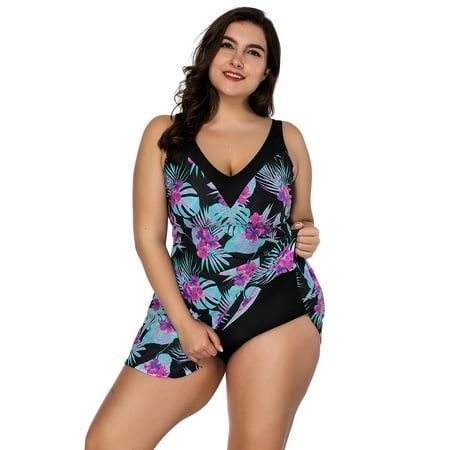 Two Piece Women's Elegant Floral Retro Bikini Strap Tankini Swimsuit Dress Plus Size