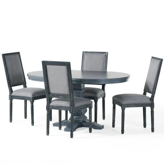 GDF Studio Beckstrom French Country Fabric Upholstered Wood 5 Piece Expandable Dining Set, Gray