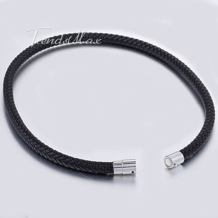 4/6/8MM Mens Black Braided Leather Cord Necklace Stainless Steel