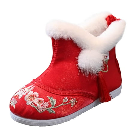 

koaiezne Children Shoes Girl Winter Cotton Boots Vintage Embroidered Cloth Boots Plush Inside Of Hanfu Shoes Girls Fashion Riding Boots Girl Lace up Boot