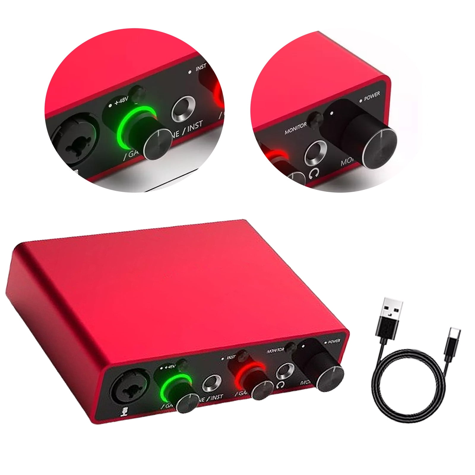 USB Audio Interface 24 Bit 192kHz with USB C and 48V Phantom Power Portable Recording Interface for Microphone Guitar Home Studio Podcasting Streaming Music Production Content Creator Voice Over PC
