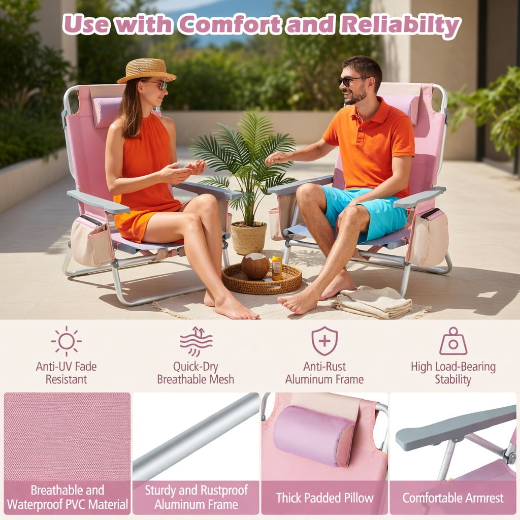Hommoo 2-Pack Foldable Beach Chair with Adjustable Backrest, Pillow & Carry Bag, Pink
