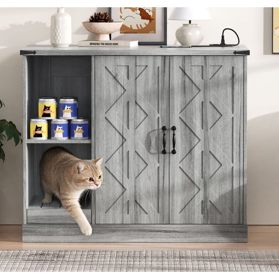S-HOME Functional Cat Litter Box Cabinet With Adjustable Storage Shelves in Gray Including Power Outlet for Automatic Litter Boxes