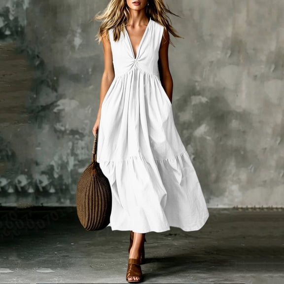 QUNYINEY Cotton Women Dresses White Long Sleeveless A Line Sundress V Neck Loose Fit Flowy Summer Dresses