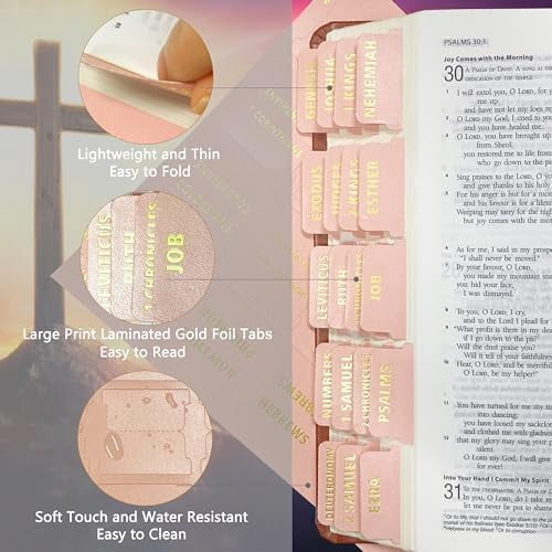 Bible Index Tabs for Women - 80 Large Gold Foil Laminated Leather Paper Bible Study Journaling Supplies, 66 Old New Testament + 14 Blank Self-Stick Tabs Easy Navigation & Organization (Pink)