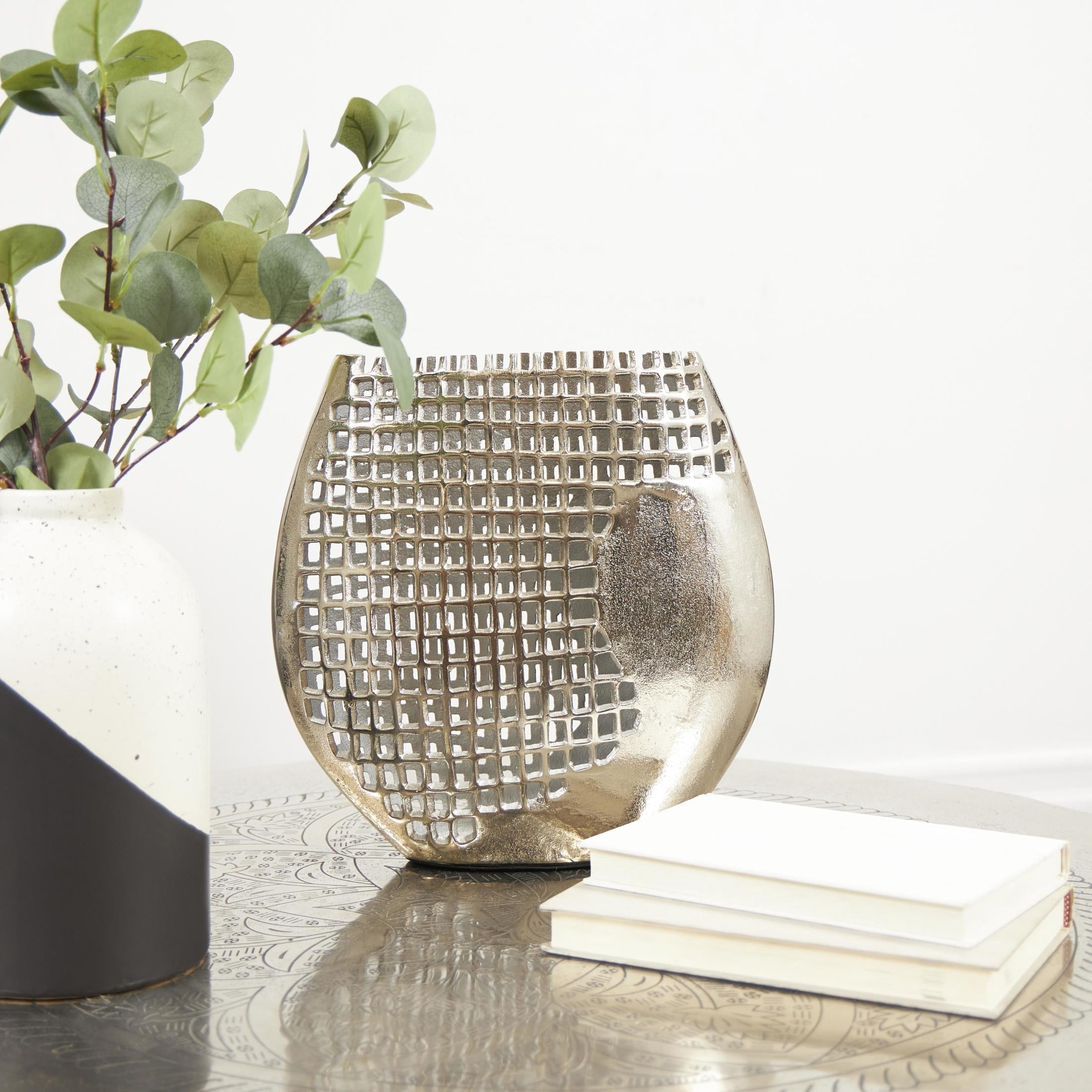DecMode 12" Abstract Grid Inspired Dark Gray Aluminum Metal Vase with Open Frame Design