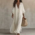 thumbnail image 6 of Women Boho Lace V Neck Flowy Maxi Dress, Bell Sleeve Loose Tiered Long Beach Cover Up Dress, Casual Summer Vacation Holiday Sundress for Travel,White,M, 6 of 6
