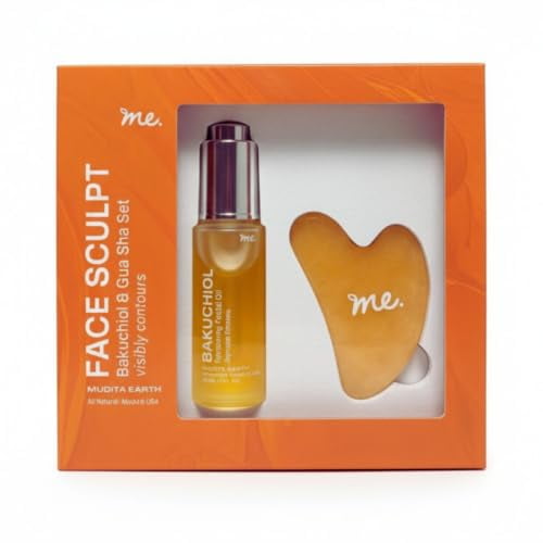 Mudita Earth Gua Sha Kit Natural Steel Facial Gua Sha with Bakuchiol Face Oil Depuffing Lymphatic Drainage Firming Glow Retinol Alternative Vegan