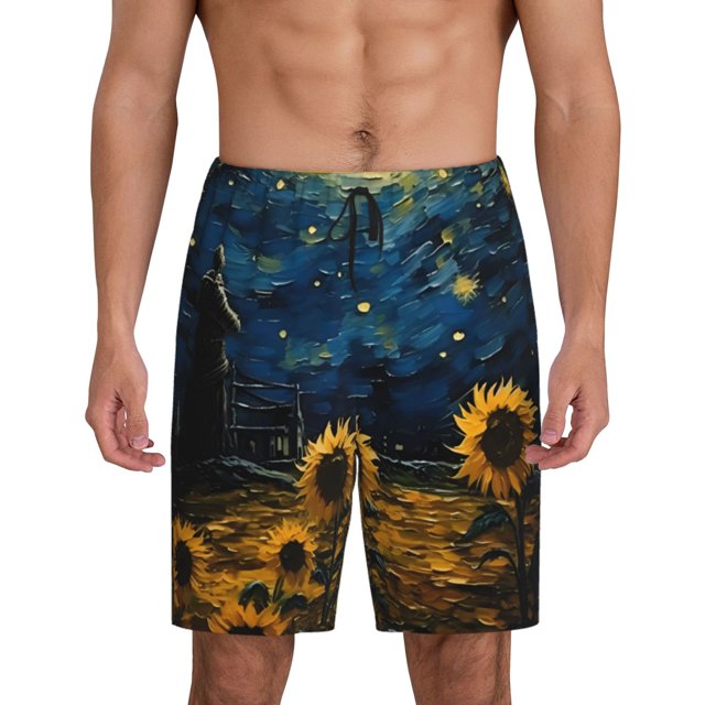 Fotbe Oil Starry Sky Sunflower Pantalones Cortos de Pijama para Hombre, Ropa de Dormir, Pantalones de Pijama Cortos para Hombre-XX-Large