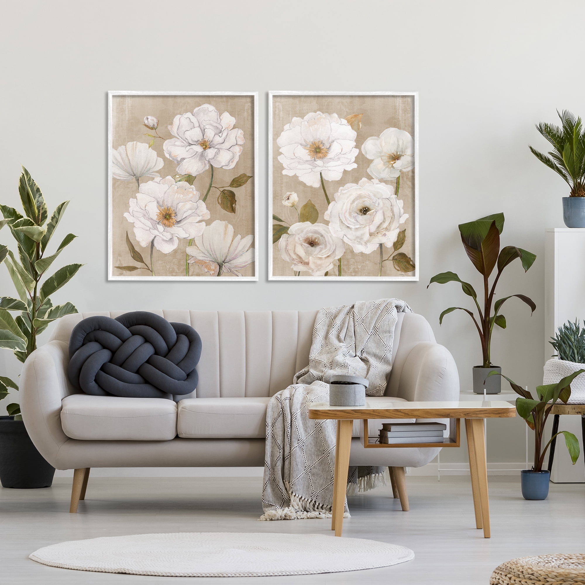 Stupell Industries White Blooms over Neutral 2 Piece White Framed Giclee Art Set, design by Carol Robinson