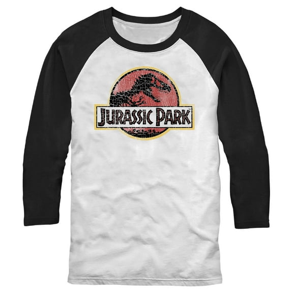 Men's Jurassic Park Cracked T-Rex Logo  Baseball Graphic Tee White/Black Large