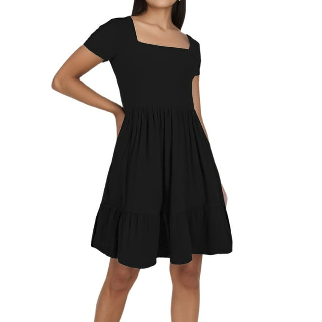 Vestido de playa con cuello cuadrado para mujer: corte A plisado, cuello cuadrado, ligero, informal/vacaciones, tejido transpirable.