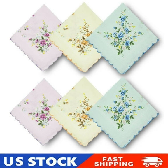 6PCS Women Cotton Handkerchiefs Assorted with Wavy Edge and Print Floral Gift